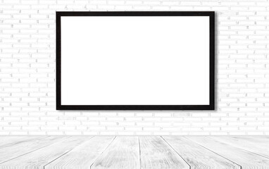 Black picture frame on white wood board texture and backgrounds or backdrop. Abstract background, Blank copy space.