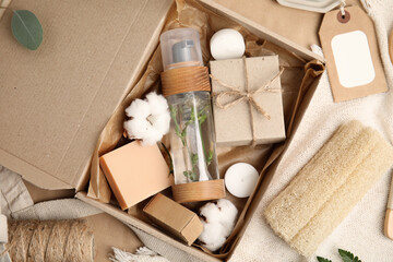 Flat lay composition with eco friendly personal care products on table