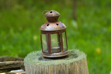 an old lantern on a tree trunk covered with moss © Paulina