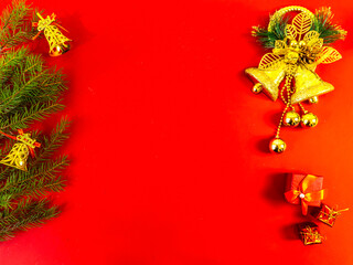 christmas and new year flat lay with copy space on red background