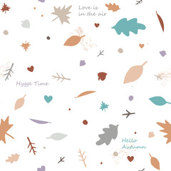 Lovely autumn leaves seamless pattern in light pastel colors. Trendy doodle flat style. Great for cards, apparel design, wallpapers, gift wrapping paper, home decor etc