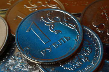 Russian 1 ruble coin is highlighted in blue. close-up.