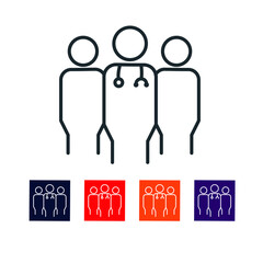 Medical Team Thin Line Icon stock illustration. The icon is associated with a medical team of doctors and nurses. 
Healthcare Worker icon.