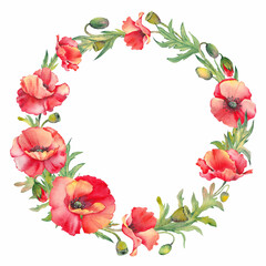 Red poppy wild flowers wreath. Watercolor illustration isolated on white background.