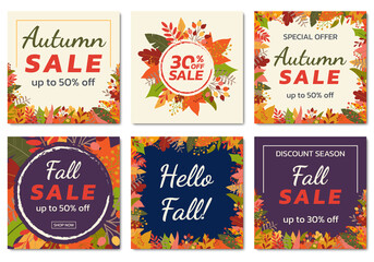 Autumn or Fall sale banner, background set with colorful leaves. Autumn discount, Hello Fall social media poster design templates with foliage frame. Vector illustration. 