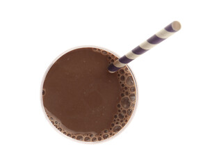 Delicious chocolate milk in glass isolated on white, top view