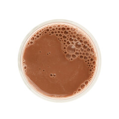 Delicious chocolate milk in glass isolated on white, top view