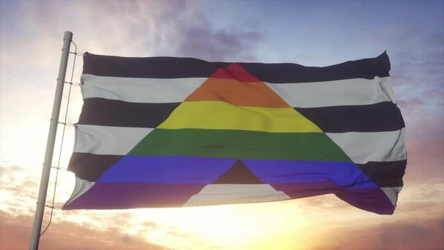 Straight Ally pride flag waving in the wind, sky and sun background