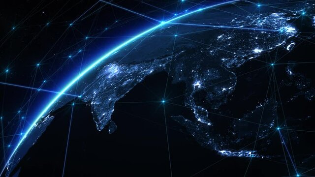 Animation of Earth rotating. India Map with Bright Connections and City Lights. Blue Lines and Nodes Representing Satellite, Mobile and Technological Signals. Global Telecommunication. Big Data