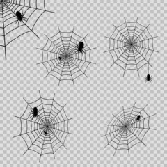 Set of deocrations with spider web and spdiers on transparent background. Vector