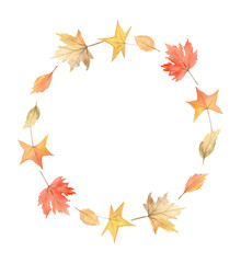Watercolor autumn wreath of leaves. Circle fall frame. Perfect for the thanksgiving cards, invitation