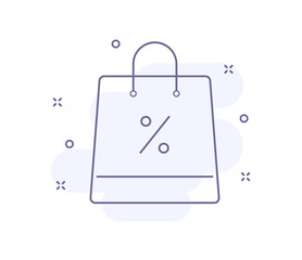 bag with percent outline vector illustration isolated on white. bag with percent purple line icon with light pink background and decorations. for web and ui design, mobile apps and print polygraphy