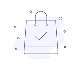 bag with tick outline vector illustration isolated on white. bag with check mark purple line icon with light pink background and decorations. for web and ui design, mobile apps and print polygraphy