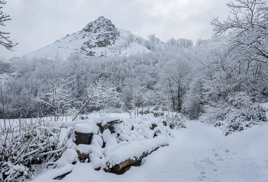 Snowy mountain valley