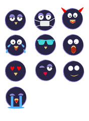 Funny vector set of birds emoji with different face expressions and mood. 