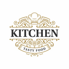 Kitchen restaurant vintage ornate typography logo design with chef hat symbol