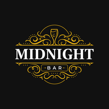 Vintage luxury ornamental decorative flourish ornament logo with wine glass. Suitable for bar, restaurant, pub, tavern, whiskey, cocktail, alcohol, beer, brewery, wine, shop signage.