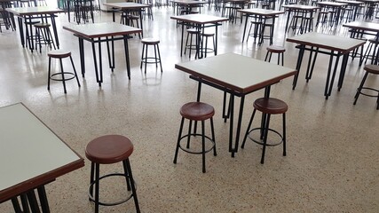 Dining tables and chairs in the cafeteria during the coronavirus situation.