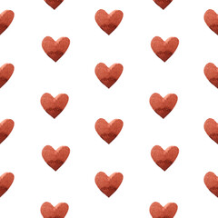 Watercolor heart pattern, brown, ochre romantic hearts on a white background, Perfect for greeting cards, invitations, for weddings, Valentine's day