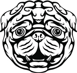 Black and white hand drawn pug. Vector illustration of smiling pug face. Tattoo art