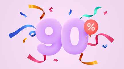 90 percent Off. Discount creative composition. 3d sale symbol with decorative confetti. Sale banner and poster.