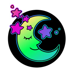 magical bright crescent moon decorated with stars on a round black background