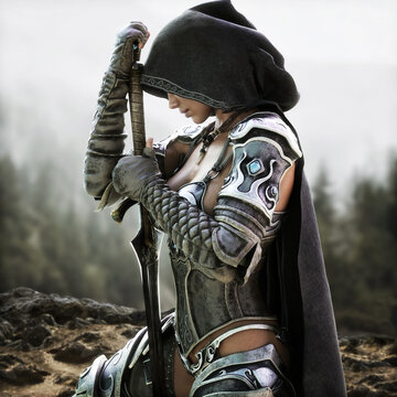 Mysterious Ranger warrior female wearing a hooded cape and light armor  reflecting on her journey with a beautiful mountainous terrain background .  Fantasy 3d rendering Stock Illustration | Adobe Stock