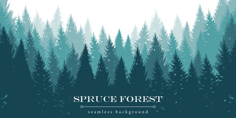 Coniferous forest seamless background. Fog evergreen landscape of Pine, spruce, christmas tree. Vector illustration in hand drawn silhouette style