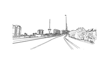 Obraz premium Building view with landmark of La Manga del Mar Menor is a seaside spit of Mar Menor in the Region of Spain. Hand drawn sketch illustration in vector.