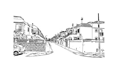 Fototapeta na wymiar Building view with landmark of La Manga del Mar Menor is a seaside spit of Mar Menor in the Region of Spain. Hand drawn sketch illustration in vector.