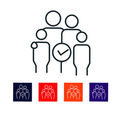 Qualified Family Thin Line Icon stock illustration. The icon is associated with a family of four-member. A checkmark to represent that they are qualified or approved. 