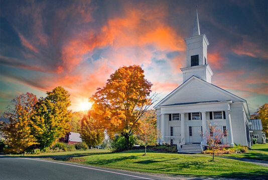 Beautiful sky over a white church in Vermont USA