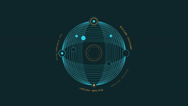 Looped animation of a wireframe sphere HUD element.