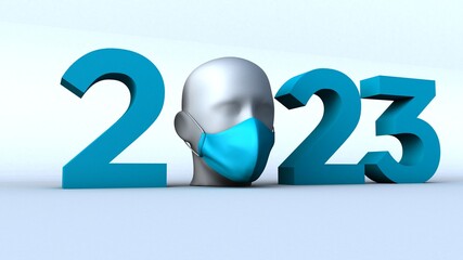 3D illustration of 2023 with face mask