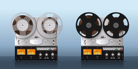 Vintage musical technique set. Reel-to-reel tape recorder set. Musical technique in retro style. Vector illustration
