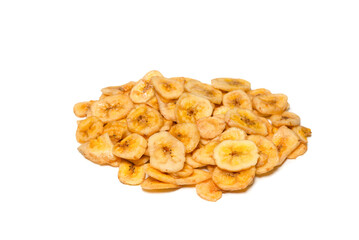 Banana chips isolated on a white background. Dehydrated banana.