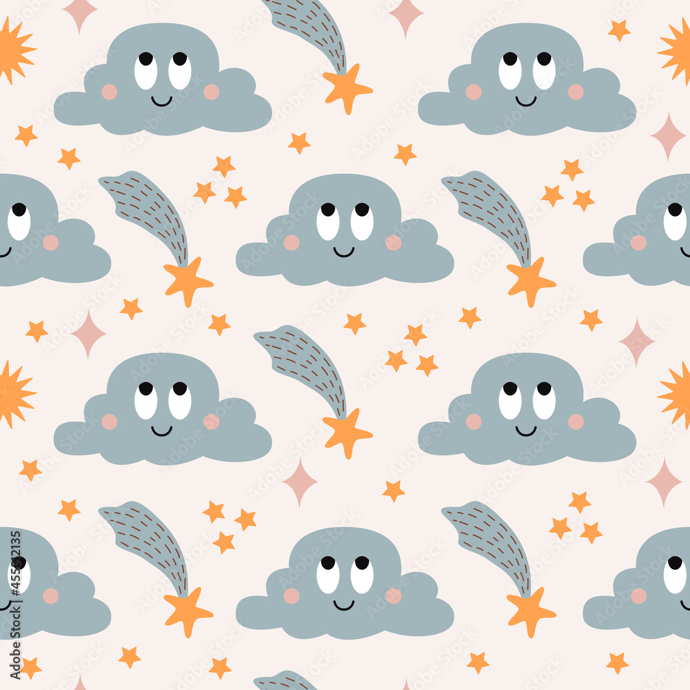 Poster cute seamless pattern with colorful smiling clouds and stars on pastel background. modern childish v