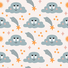 Naklejka na ściany i meble Cute seamless pattern with colorful smiling clouds and stars on pastel background. Modern childish vector cartoon design