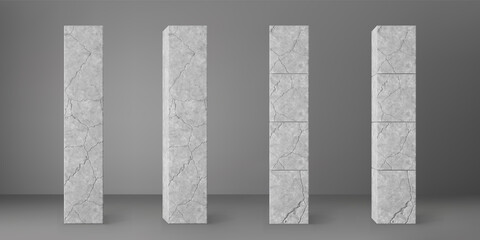 Concrete broken square columns set with cracks isolated on grey background. Realistic old cement 3d pillar for modern room interior or bridge construction. Textured concrete pole base for banner. - obrazy, fototapety, plakaty