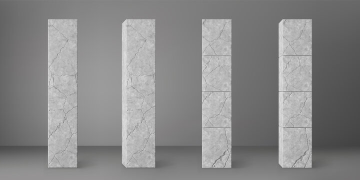 Concrete broken square columns set with cracks isolated on grey background. Realistic old cement 3d pillar for modern room interior or bridge construction. Textured concrete pole base for banner.