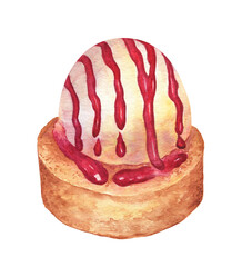 Watercolor illustration of the scoop of ice cream with berry jam topping, on a shortbread biscuit cake. Traditional watercolor painting for cafe and bakery design, stickers, cards. Isolated on white.