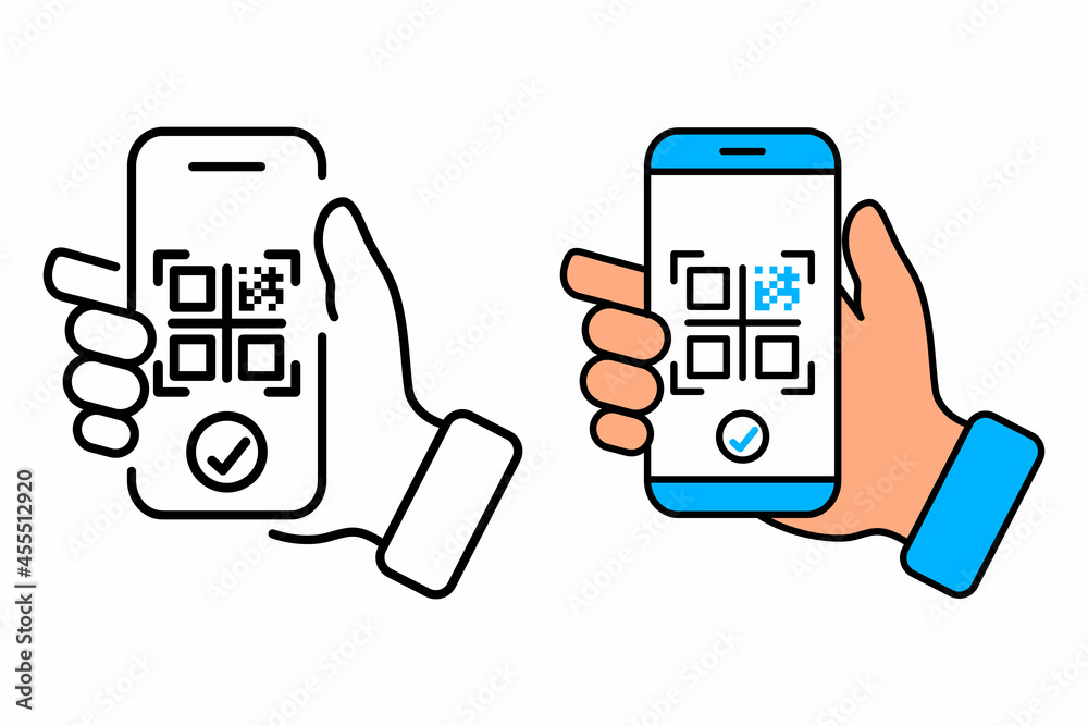Leinwandbilder Scanning QR code with mobile smart phone. Qr code for payment, e wallet , cashless technology concept. Scan me. Pictogram for web, mobile app, promo. UI UX design element. Hand holding smartphone