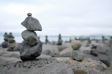 Balance - stacked stones at the coast of Reykjavik, Iceland
