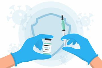 Coronavirus vaccine COVID-19. Hands in gloves of doctor hold an ampoule, syringe. Vaccination against coronavirus, virus, flu. Treatment, Process of immunization. Syringe and vaccine vial in a hands