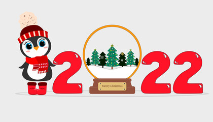 Cute Cartoon new year 2022 christmas with glass ball with cute penguin. Perfect for greeting cards, party invitations, posters, stickers, pin, scrapbooking, icons.