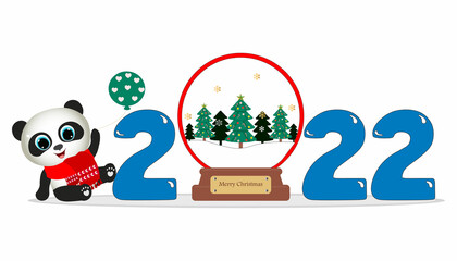 Cute Cartoon new year 2022 christmas with glass ball with cute panda with balloon. Perfect for greeting cards, party invitations, posters, stickers, pin, scrapbooking, icons. © Yana