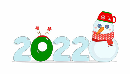 Cute Cartoon new year 2022 christmas with snowman. Perfect for greeting cards, party invitations, posters, stickers, pin, scrapbooking, icons.
