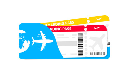 Modern airline tickets design with flight time and passenger name. Plane tickets vector pictogram. Airline boarding pass template. Vector illustration. The concept of air transportation - obrazy, fototapety, plakaty