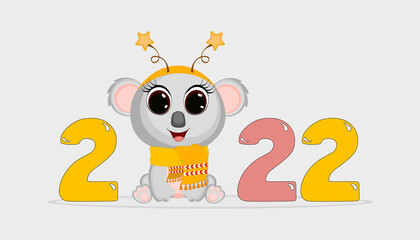 Cute Cartoon new year 2022 christmas with cute koala. Perfect for greeting cards, party invitations, posters, stickers, pin, scrapbooking, icons.