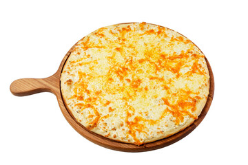 Appetizing cheese pizza on a wooden board. Traditional Italian dish. Isolated on white background.